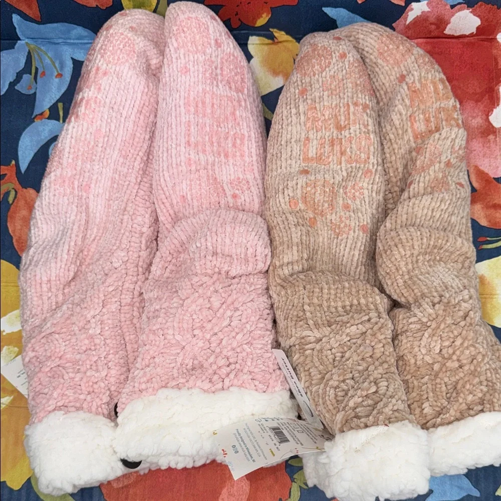 Muk Luks Pink and Tan Fuzzy Slipper Socks Lot of 2